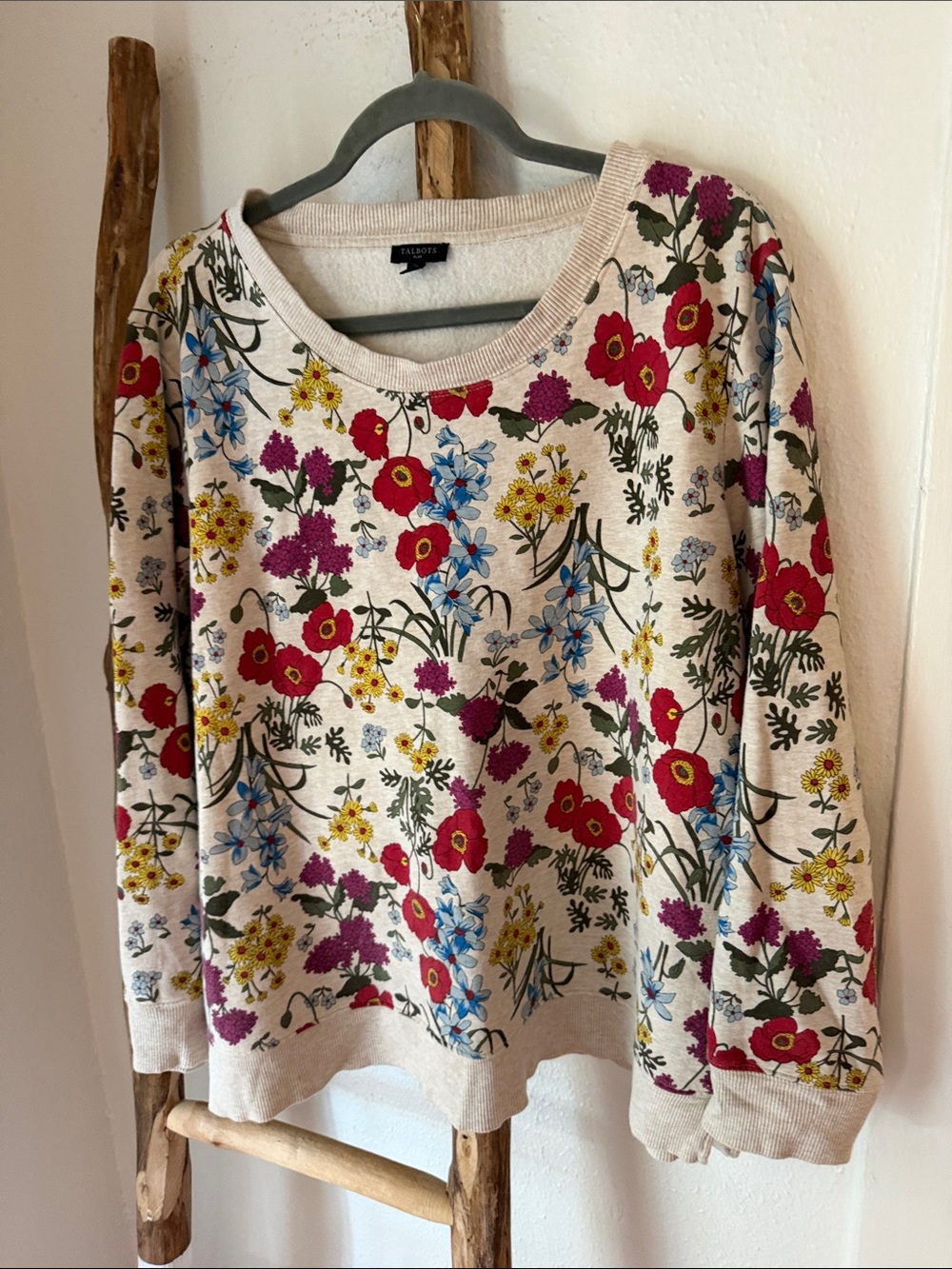 Talbots Cream Relaxed Crewneck Sweatshirt Red, Blue & Yellow Floral Print 2X